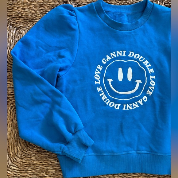GANNI puffed sleeve double love sweatshirt blue and white embroidered - Picture 3 of 7